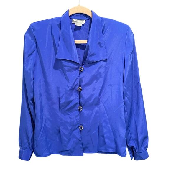 Vintage Cobalt Blue Satin Blouse Rhinestone Buttons Timeless Effortless Elegance - Picture 4 of 9